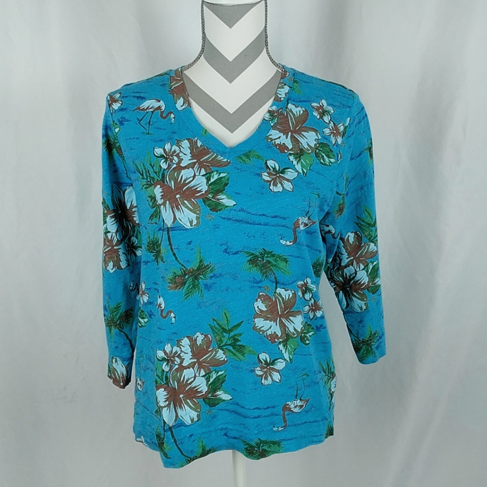 Fresh Produce Floral V-Neck 3/4 Sleeve Top Large